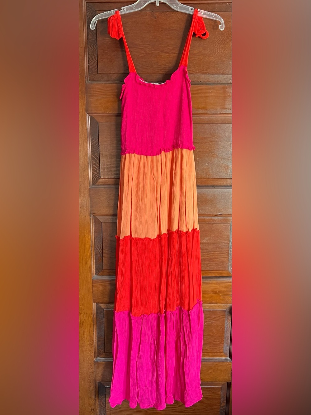 BeBop Colorblock Smocked Maxi Dress in Hot Pink, Orange, Red (XS)